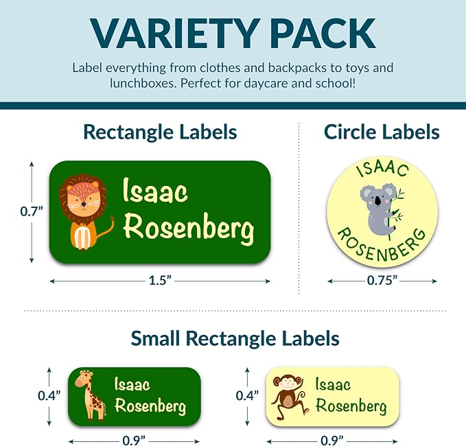 Personalized Waterproof Name Labels for Kids | Optional Packs 50, 150, 230 Labels | Custom Name Stickers for Kids' Clothing Tag, Water Bottle, Lunch Box, Customize Kid Name Label for Daycare Safari
