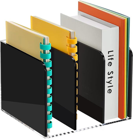 SANRUI Acrylic Magazine File Holder Desktap Organizer, Clear Folder Rack Workspace Document Sorters, Bookend File Office Accessories Organization Storage, (Black 3 Vertical Compartments)