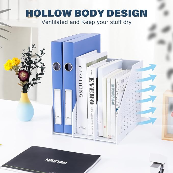 FRETONBA Collapsible Magazine File Holder with 3 Vertical Compartments Foldable Binder Holder for Desk Binder Storage Organizer Plastic Magazine Holders for Shelf, Light Gray