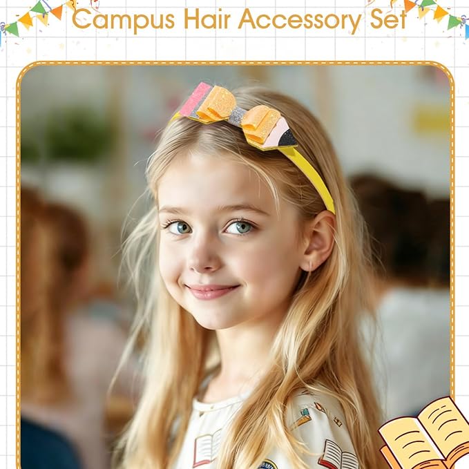 Back to School Headband Yellow Pencil Bow Hair Band Sparkly Glitter Headbands Cute Preppy Hair Accessories for Student Teacher Gifts, School Classroom Party Supplies