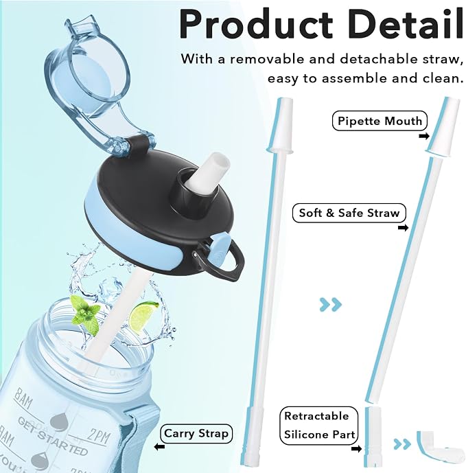 Enerbone Water Bottle, Leakproof BPA & Toxic Free, Motivational Water Bottle with Times to Drink and Straw, Fitness Sports Water Bottle with Strap for Office, Gym, Outdoor Sports