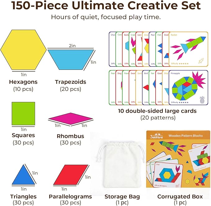 3 otters Wooden Pattern Blocks Shapes for Kids, Geometric Tangram Puzzle with Activity Cards, 150 PCS Educational Toy