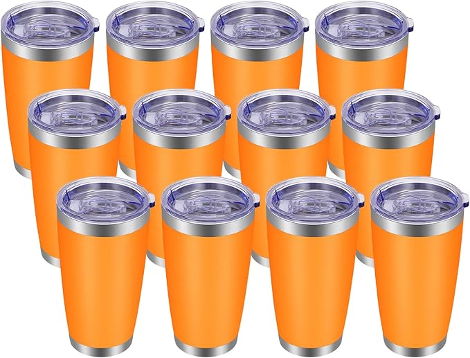 VEGOND 20oz Tumbler with Lid and Straw Stainless Steel Tumbler Cup Bulk Vacuum Insulated Double Wall Travel Coffee Mug Powder Coated Coffee Cup, Orange, 12 Pack