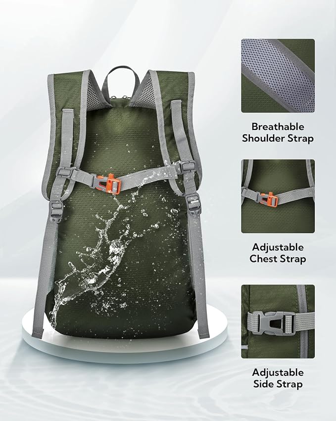 WATERFLY Hiking Packable Daypack Backpack: 25L Ultra Lightweight Day Pack for Women Men - Small Compact Folding Back Pack for Outdoor Sport Cycling Camping Travel Trip - Green