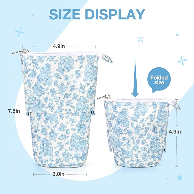 Cute Standing Pencil Case Pen Holder for Kids, Pop Up Stand UP Bubble Tea Pen Organizer Kawaii Stationary for Christmas Holiday New Year Office (Blue flowers)