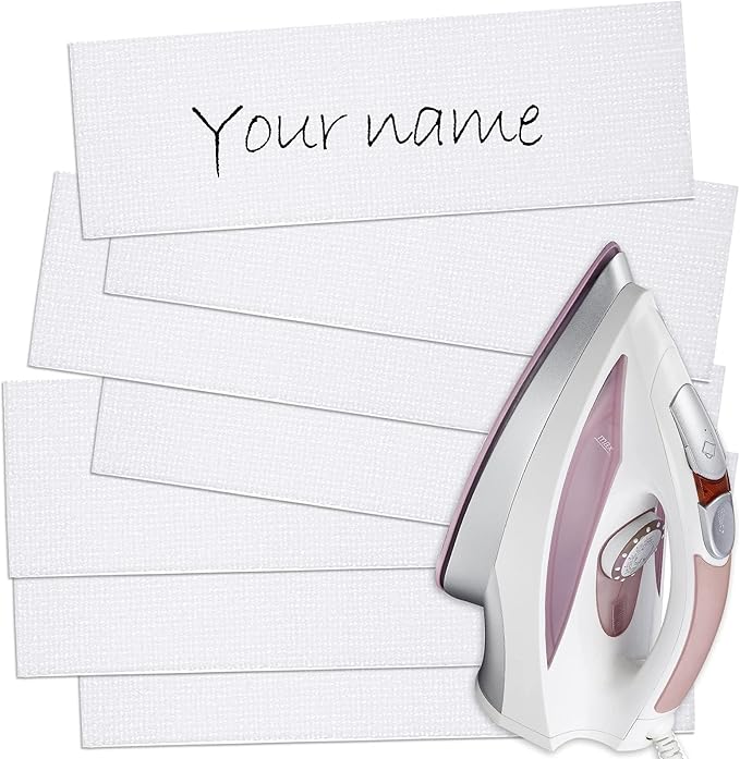 Outus 100 Pieces Iron on Fabric Name Labels for Clothing, 2 x 0.6 Inch Precut Custom Writable Clothes Name Tag Washable Personalized Label for School Nursing Home College Camp Daycare Uniform