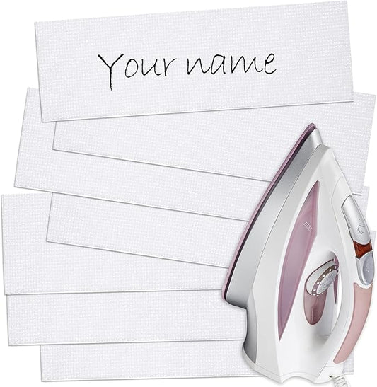 Outus 100 Pieces Iron on Fabric Name Labels for Clothing, 2 x 0.6 Inch Precut Custom Writable Clothes Name Tag Washable Personalized Label for School Nursing Home College Camp Daycare Uniform