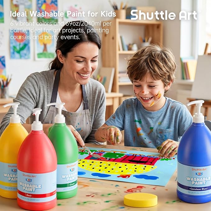 Shuttle Art 6 Colors Washable Paint for Kids, 69 oz Bulk Tempera Paint with Pump, Non-Toxic Kids Washable Paint for Art and Crafts, School & Home Must Haves