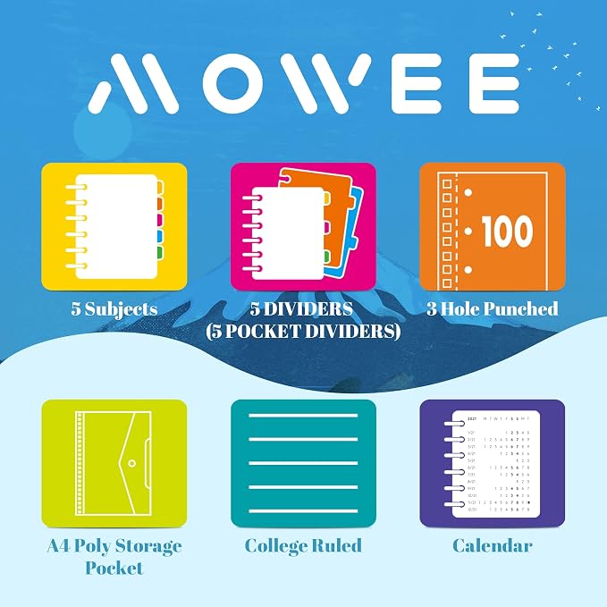 5 Subject Notebook, 2 Pack College Ruled Notebook with Storage Divider Pockets, Index Tabs, 11" Ruler, 200 Pages, for Writing Journal, School, Business, Office Supplies, A4, (2pcs Blue)