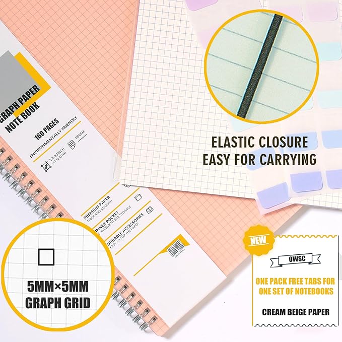 OWSC 4 Pack Graph Notebook, 5.9 x 8.3 Inches Spiral Notebooks for Work, School and Journal with 110 GSM Graph Paper, Small Notebook with 80 Sheets/160 Pages, Hardcover Grid Paper Notebook