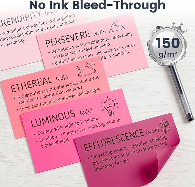 300 Count Index Cards 3 x 5 Inch, Pink Flash Cards for Studying, Cute Notecards for Home, Office, Recipe, School, College Supplies, To Do List, 5 Pink Colors