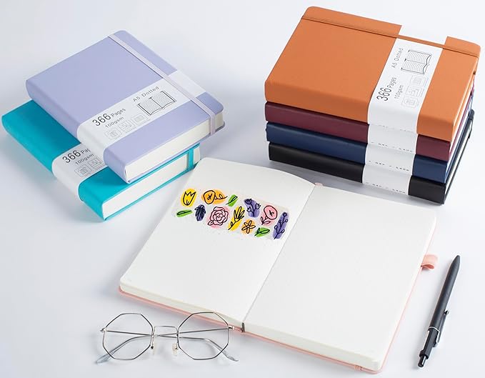 Thick Bullet Notebook with 366 Numbered Pages, A5 Dotted Journal for Writing with 100GSM Dot Grid Paper, Hardcover Leather Notebooks for Women Men School Note Taking Work Diary, 5.7"x8.3" Lavender