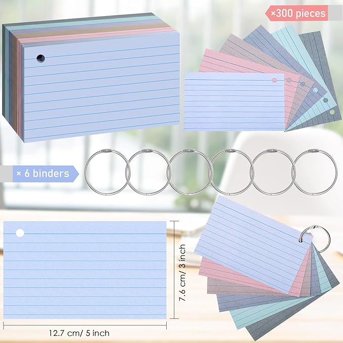 Epakh 300 Pieces Lined Index Cards 180 GSM Thick Flash Cards with Rings Notecards Punched Back to School for Studying Adults Home College Office(3 x 5 Inch,Vintage Color)