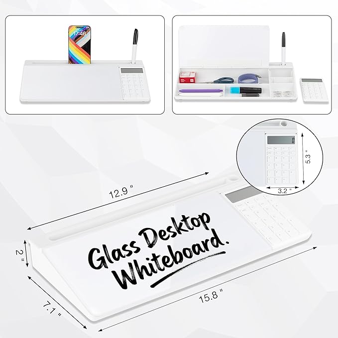 Glass Desktop Whiteboard with Storage & Calculator, Desk Dry Erase Note Memo Board, Compact Desk Organizer for Desk, Home, Study, Office, Back to School Supplies, White