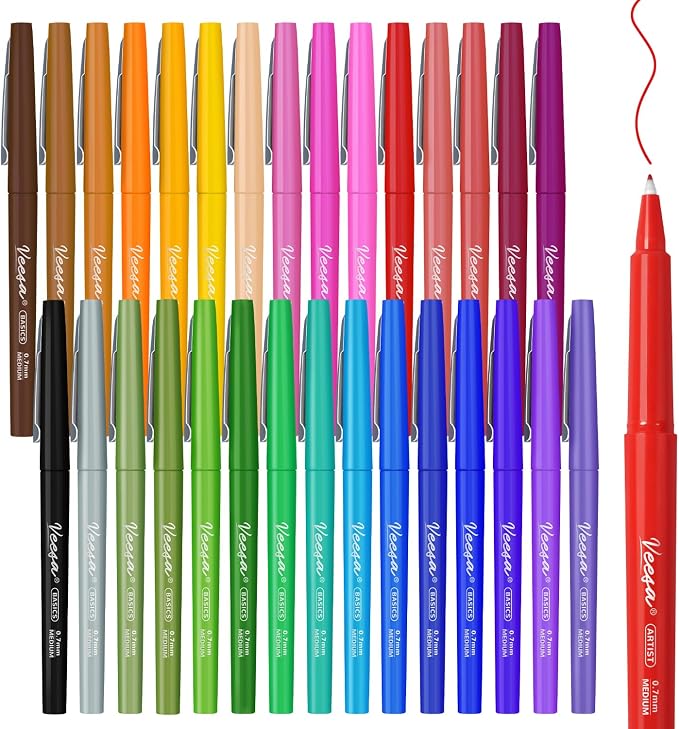 VEESA Felt Tip Pens 30 Colors, Medium Point (0.7mm), Smooth Writing