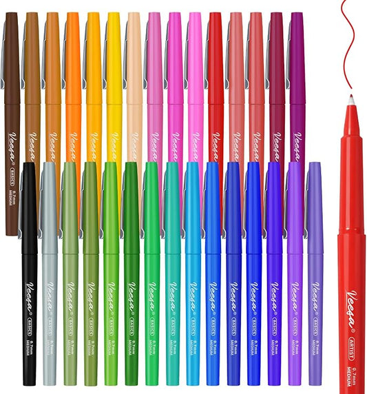 VEESA Felt Tip Pens 30 Colors, Medium Point (0.7mm), Smooth Writing
