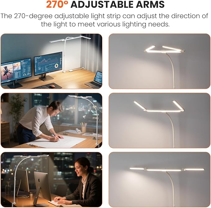 LED Desk Lamp for Office Home, 3 Light Bar Adjustable Desk Light with Clamp, Architect Table Lamp Computer Monitor Lighting, Stepless Dimming Eye-Caring Clip on Light for Workbench Reading Study White