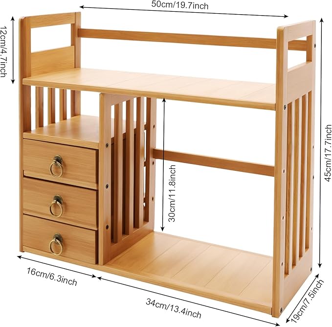 Bamboo Desktop Bookshelf, Organizer Office Desk Storage Display Shelf Rack with 3 Drawers Desk File, Office Counter Top Bookcase for Home School