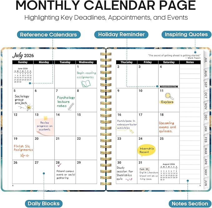 Planner 2026–2027, Academic Monthly Weekly Spiral Calendar, July 2026 – June 2027, Hardcover Agenda Notebook with Tabs, 6.3" x 8.5", Perfect for Students, Teachers, School & Daily Planning - Blue Agate