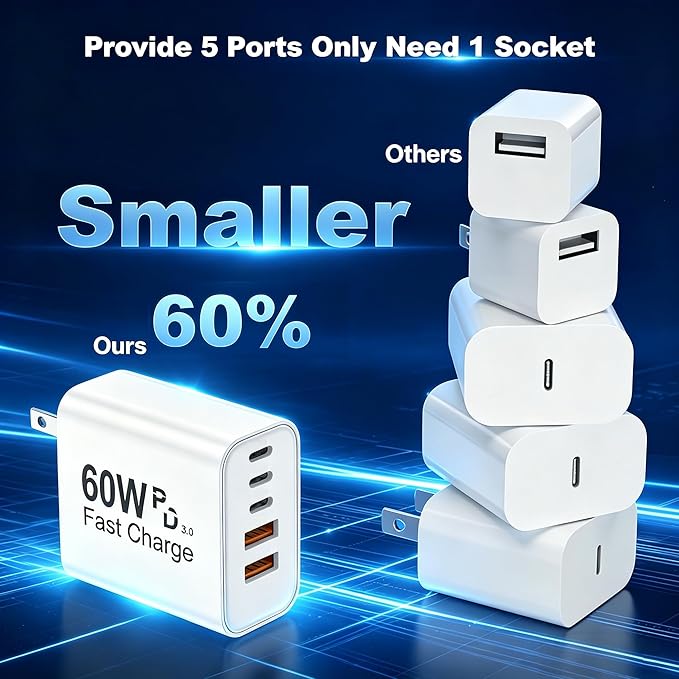 USB C Fast Charger Block, 5-Port 60W USB-C Wall Charger Plug, Multiport Phone Charging Cube,Type C Power Adapter Brick Box for Apple iPhone 17 16 15 14 13 12 11 7 6 Pro Max/Plus,iPad Air/Mini,Samsung