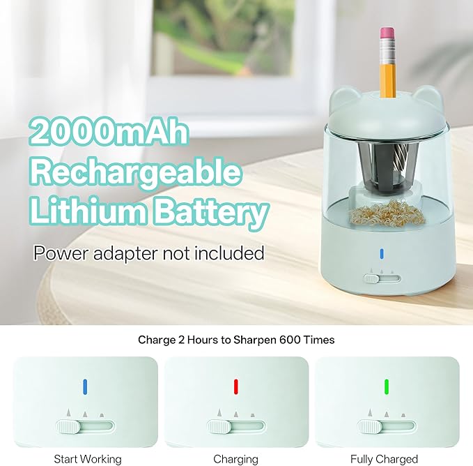 Electric Pencil Sharpener, Auto Stop Fast Sharpen in 3s, Battery Powered Pencil Sharpeners for No.2 & 6-8mm Colored Pencils, Cute Rechargeable Pencil Sharpener for Classroom/Office/Home (Green)