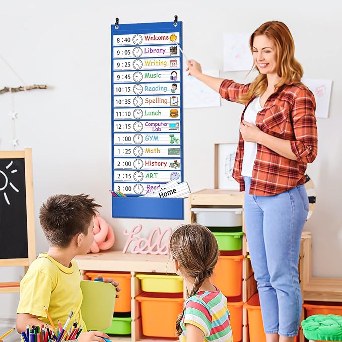 AKAYOK -13+1 Pocket Daily Schedule Pocket Chart, Ultra-Durable Visual Schedule for Kids -Pocket Chart for Classroom Office Home -Reusable Daily Schedule for Kids -Reversible Chart for Sentence Strips