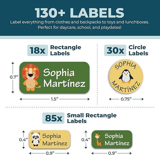 Bunny Badges Personalized Daycare Name Labels for Kids (130 Labels) - Custom Waterproof Name Stickers for Clothing Tags, Water Bottles, Lunch Boxes and School Supplies (Animals)