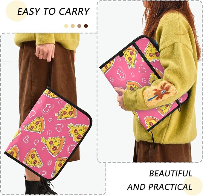 Pizza Pink Love Pattern 13 Pocket File Organizer Expanding File Folder with Front Pouch Portable Business File Storage Document Organizer Folder with Zipper