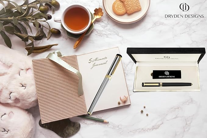 Dryden Designs Fountain Pen Medium Nib, Pearl White, Left and Right Handed, Includes 24 Ink Cartridges - 12 Black and 12 Blue