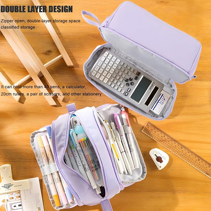 MAMUNU Large Capacity Pencil Case 4 Compartments, Pencil Pouch Bag with Zipper Portable Handle, Pen Case Bag Stationery Organizer for Office College School Adults Teen Girls Boys Men Women, Purple