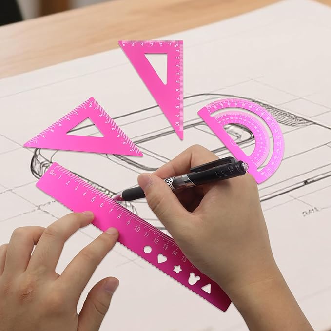 5-Piece Metal Geometry Set, Aluminum Ruler Drafting Kit Protractor & Triangular Rulers Precision for Engineers, Students, Math Measurement Tools(Pink)