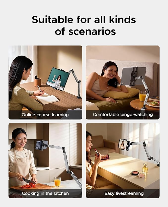 ORICO Tablet Mount, 360° Adjustable Tablet Stand Holder for iPad, Foldable Aluminum Arms, Ergonomic Viewing for Standing Desk & Nightstand, Fits 4.7"-12.9" Tablets & Phones - RA1, Silver