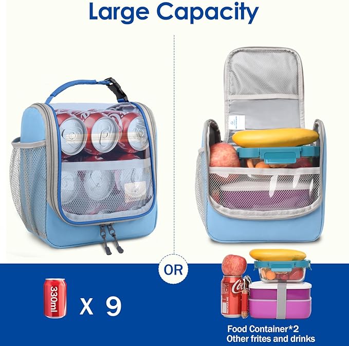 Genteen Kids Lunch Box, Insulated Lunch Bag for Kids, Toddler, Girl, and Boy; Holds Lunch Box, Water Bottle, & Snacks; Easy-Clean Water-Resistant Fabric & Multiple Zippered Pockets(Blue)
