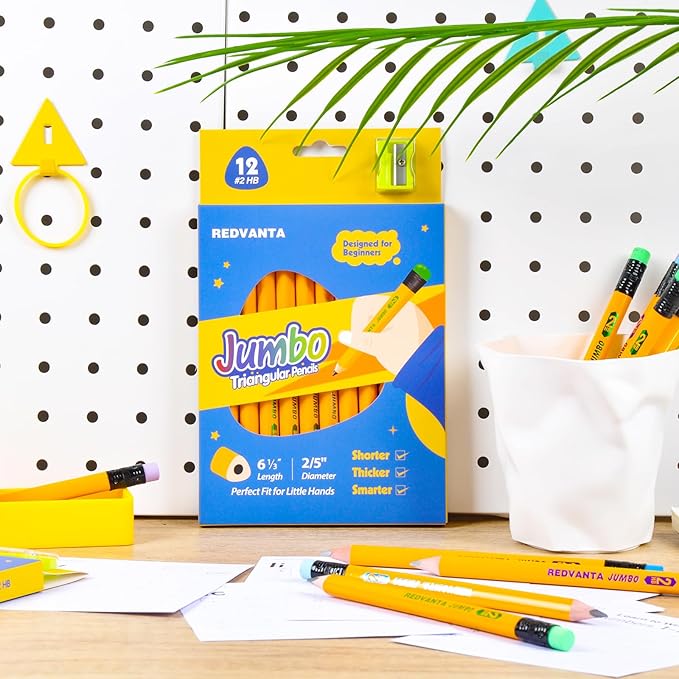Jumbo HB Pre-sharpened Pencils #2 for Toddlers Preschoolers First Writing, Thick Triangular Grip Fat Pencils with Latex-Free Erasers, Break-Resistant, Back to School Supplies, 12 Count