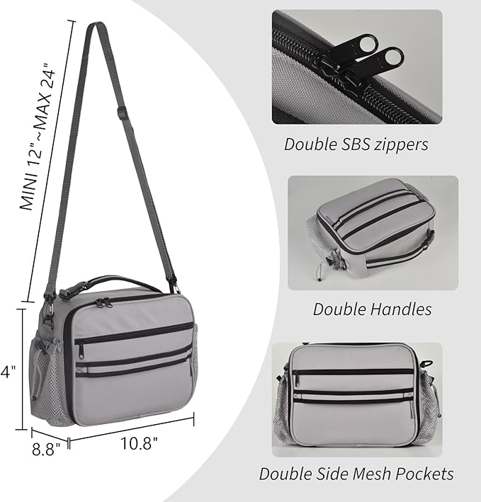 Cerbonny Kids Lunch Box, Gray, Unisex, Polyester, With Insulated Interior, Four Carrying Options, and Big Capacity