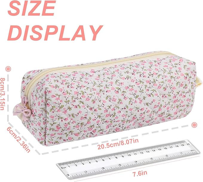 Cute Quilted Pencil Case for Girls Women, Aesthetic Small Floral Pencil Pouch,Slim Soft Pencil Bag for School Supplies Makeup Pouch for School & Daily Use (pink floral)