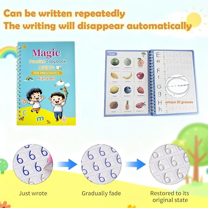 Magic Grooved Writing Practice Books for Kids 3-8, Reusable Handwriting Practice Copybook Set with Disappearing Ink, 4 Pack Preschool Writing Kit for Alphabet Number Math Drawing