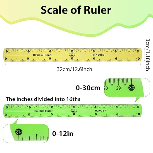 Flexible 2-Piece Ruler, 30cm/12inch Plastic Shatterproof Straight Edge Soft Bendable Clear Ruler for Kids & Adults (Orange+Green)