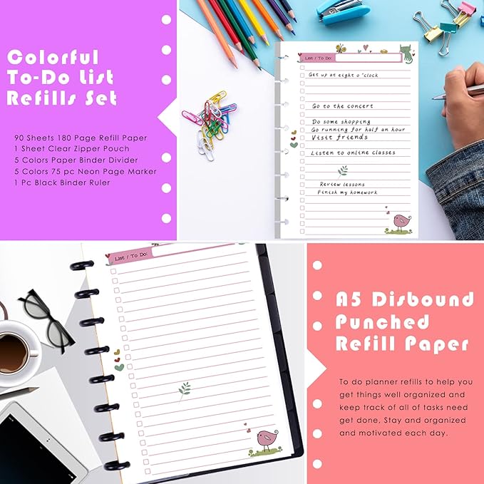 Rancco Junior To-Do List Planner Refills Set, 180 Pages 8 Rings Punched Half Letter Disc Paper Inserts w/Index Tabs, Index Dividers, Loose-Leaf Bag, Ruler For Circa, Arc, TUL, Happy Planner, 5.5x8.5"