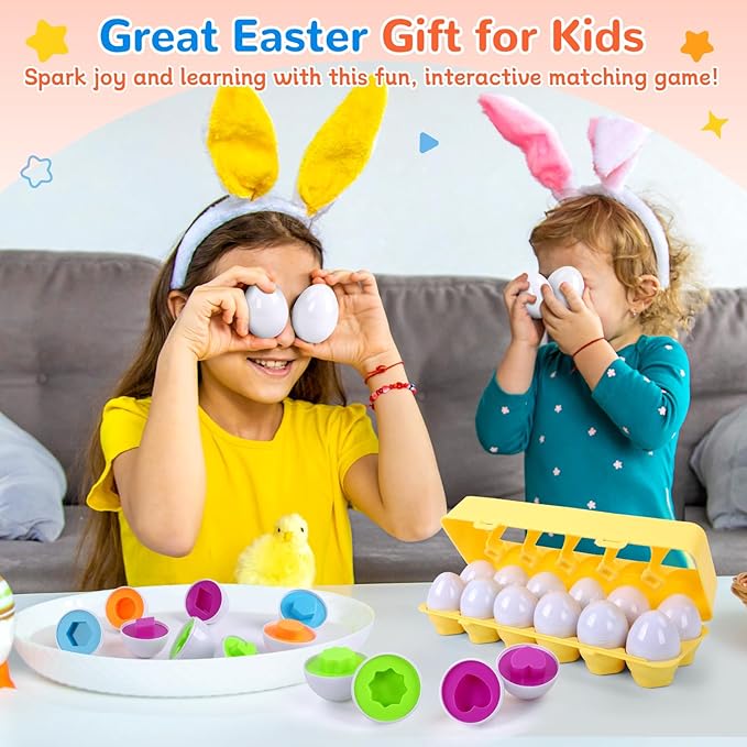 USATDD Matching Eggs for Toddlers Montessori Geometric Eggs Color & Shape Recognition Toy, Fine Motor Skills Shape Sorter Puzzle, Easter Eggs Toys Gifts for Kids, Easter Basket Stuffers