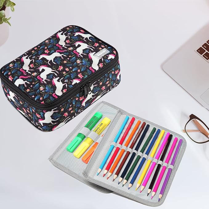VASCHY Large Pencil Case, Art Color Pencils Pouch with Detachable Layers Multiple Zip Pockets for School Office Stationary Organization Black Unicorn