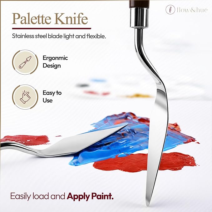 Flow & Hue 25 Pce Professional Paint Brush Set – Acrylic, Watercolor, Oil & Gouache - 9 Brush Shapes (Flat, Round, Filbert, Fan, Angle, Liner) + Palette Knife & Waterproof Canvas Roll Case for Artists