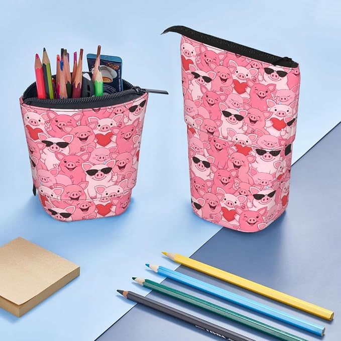 Funny Pink Pig Standing Pencil Case Cute Telescopic Stationary Pouch with Zipper Large Capacity Stand up Pen Bag Portable Makeup Holder for School Office Supplies
