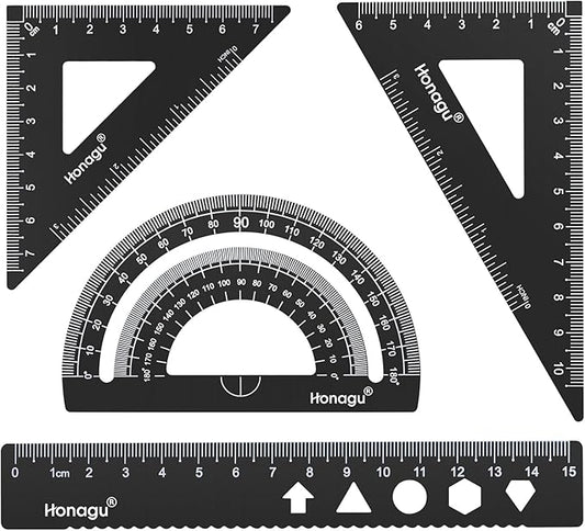 Honagu Triangular Ruler Set, 4 PC Metal Drafting Ruler, Geometric Protractor, Measuring Drawing Tool for Students, Teachers, Draftsmen, Engineers, Home School Office Supplies (15cm/5.9inches, Black)