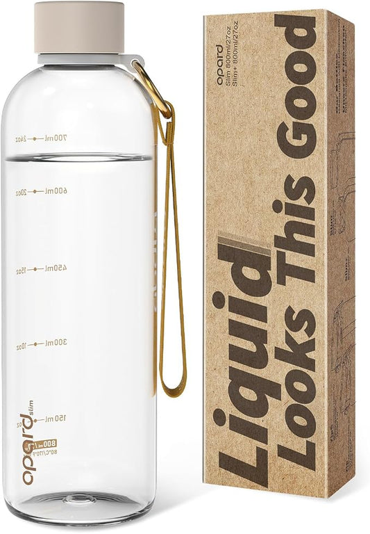 Opard Slim Water Bottle 27oz, Dishwasher Safe Plastic Water Bottle BPA-Free, Leakproof Screw Top, Clear Cream, Reusable for Travel School Sport Gym Hiking