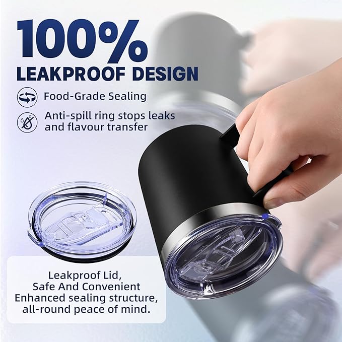 12oz Insulated Coffee Mug with Handle, Stainless Steel Wide Mouth Travel Tumblers with Lid, Double Wall Vacuum Coffee Cup for Camping, Office, Black 8 Packs