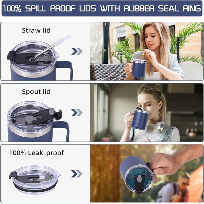 Volhoply 12oz Insulated Leakproof Coffee Mug with Flip & Straw Lid,Double Wall Vacuum Stainless Steel Travel Cafe Tumbler Cup with Handle,Reusable Camping Mugs Keep Cold/Hot(Navy,1 Set)