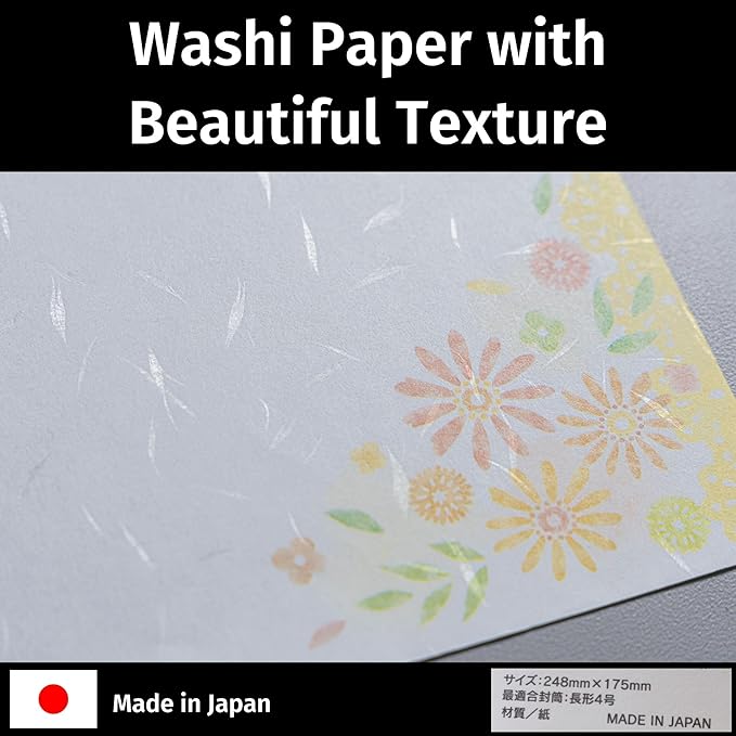 Iyo Washi Stationery Paper 15 Sheets (9.7 x 6.9 inch), Made in Japan, Yellow Flowers Stationery Paper Japanese Paper, Printable, Inkjet Printer, for Letter Writing, Greeting Card