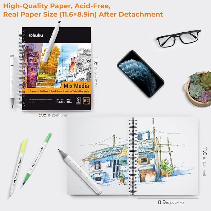 Ohuhu Mix Media Pad, 8.8" x 11.6" Mixed Media Art Sketchbook, 120 lb/200 GSM Heavyweight Papers, 62 Sheets/124 Pages, Spiral Bound Mixed Media Paper Pad for Acrylic, Painting Christmas Gift