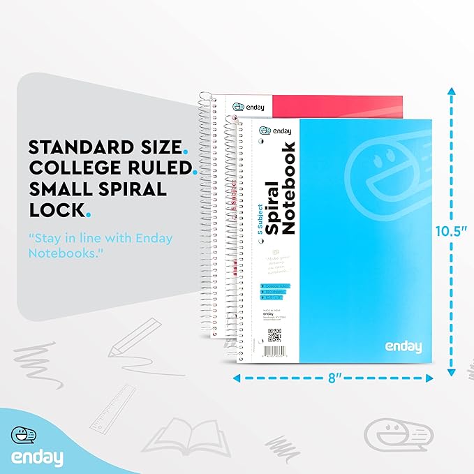 Emraw 5 Subject Notebook College Ruled Spiral White Paper 180 Sheets Perfect for Writing Sketching in class, Home, Office (Pack of 4)